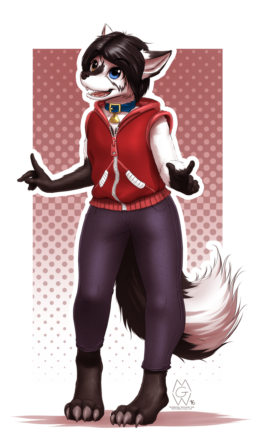4_toes 5_fingers anthro black_fur black_hair canine clothed clothing collar digitigrade fur hair heterochromia male mammal mykegreywolf open_mouth solo standing teeth toes tongue