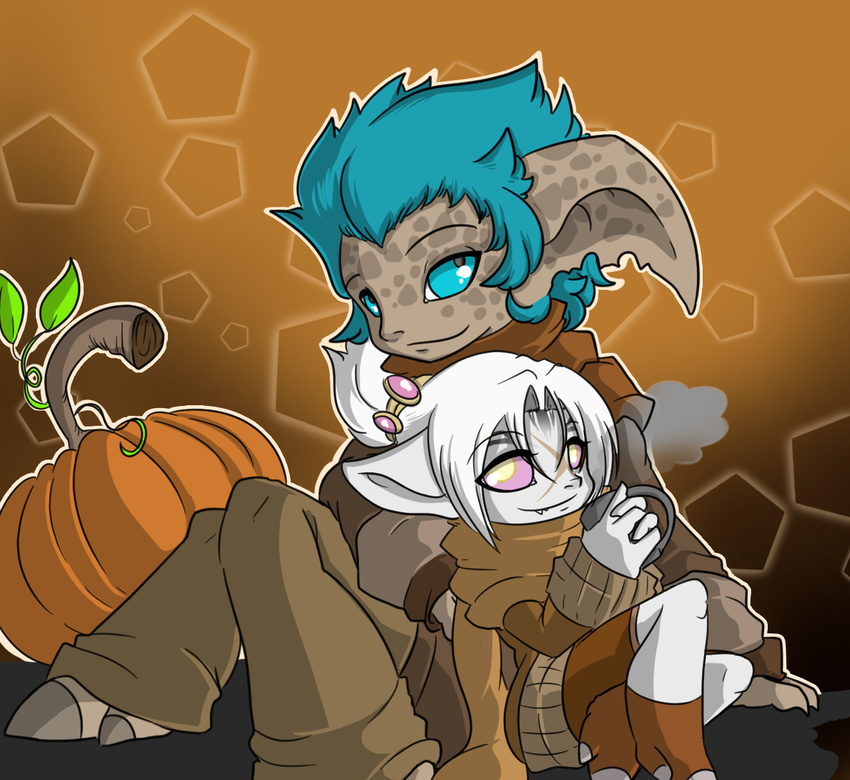 asura autumn beverage blue_eyes blue_hair coffee costume cup dhibb enjoyment expression fall food fruit gaze guild_wars hair humanoid invalid_color kiar love pumpkin purple_eyes romantic_couple scarf season smile twili_z video_games white_hair