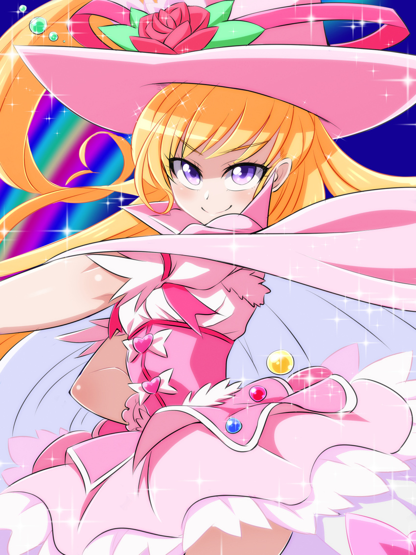 alexandrite_style asahina_mirai blonde_hair cape cure_miracle eyebrows eyebrows_visible_through_hair flower hand_on_hip hat highres konboi-eg long_hair magical_girl mahou_girls_precure! pink_skirt precure purple_eyes rose skirt smile solo witch_hat