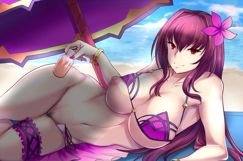 breasts fate/grand_order fate_(series) flower hair_flower hair_intakes hair_ornament hips large_breasts long_hair looking_at_viewer lying navel nipples on_side pubic_hair red_eyes red_hair scathach_(fate)_(all) scathach_(swimsuit_assassin)_(fate) shimeno_puni skindentation smile solo thigh_gap thighs umbrella