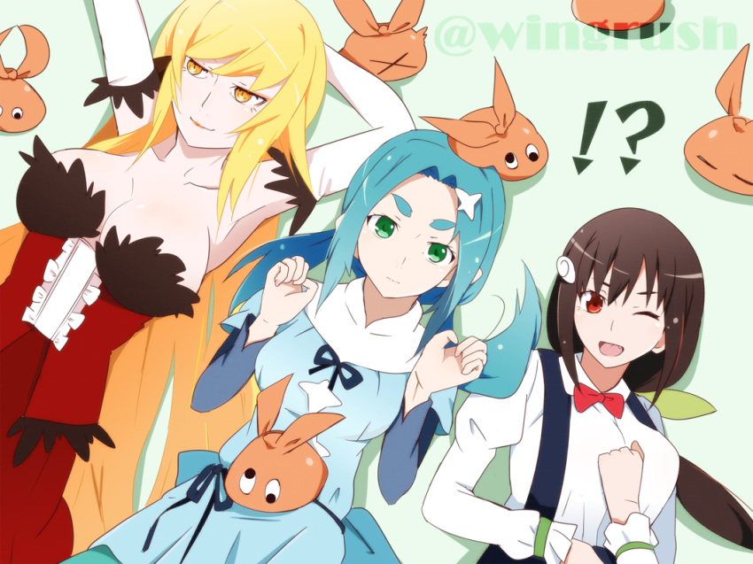 !? 3girls ;d aqua_hair blonde_hair breasts brown_hair commentary_request earrings elbow_gloves expressionless fang fooring gloves green_eyes hachikuji_mayoi hair_ornament hairclip hat jewelry kiss-shot_acerola-orion_heart-under-blade large_breasts long_hair looking_at_viewer looking_away monogatari_(series) multiple_girls older one_eye_closed ononoki_yotsugi open_mouth oshino_shinobu red_eyes smile thick_eyebrows twitter_username very_long_hair white_gloves yellow_eyes