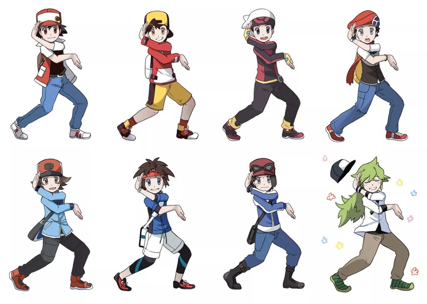 aiakasa-sakura backwards_hat baseball_cap black_hair blue_eyes brown_eyes brown_hair calme_(pokemon) closed_eyes denim eyewear_on_head fingerless_gloves gloves gold_(pokemon) green_hair grey_eyes hat jacket jeans kouki_(pokemon) kyouhei_(pokemon) male_focus md5_mismatch multiple_boys n_(pokemon) odd_one_out open_clothes open_jacket pants pokemon pokemon_(game) pokemon_bw pokemon_bw2 pokemon_dppt pokemon_gsc pokemon_rgby pokemon_rse pokemon_sm pokemon_xy ponytail pose red_(pokemon) red_(pokemon_rgby) red_eyes scarf shoes shorts sneakers sunglasses touya_(pokemon) visor_cap yellow_eyes yellow_gloves yuuki_(pokemon) z-move