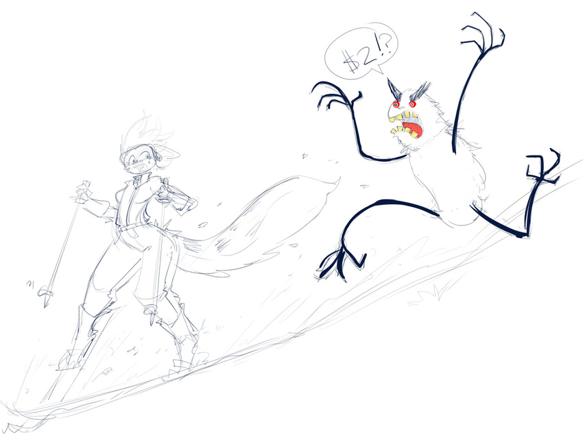 ambiguous_gender angry anthro duo feline female mammal running simple_background sketch skiing tgwonder white_background wide_hips yeti