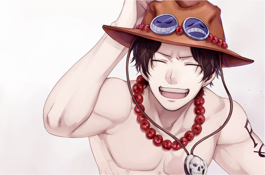 :d black_hair closed_eyes freckles hat jewelry male_focus necklace no_nipples one_piece open_mouth portgas_d_ace shirtless simple_background smile solo tattoo too_mizuguchi upper_body