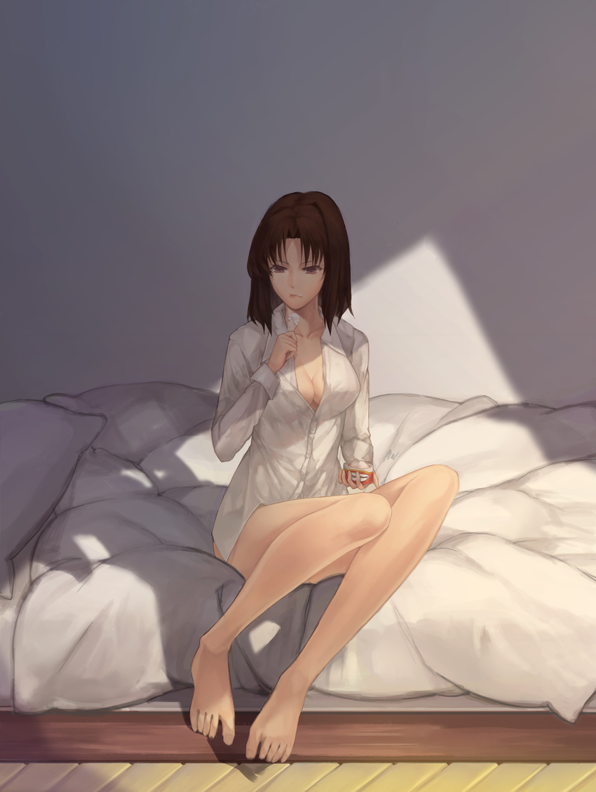 absurdres bad_feet barefoot breasts brown_hair cleavage eating food food_on_face haagen-dazs highres ice_cream kara_no_kyoukai mao_mao_wansui medium_breasts naked_shirt on_bed ryougi_shiki shirt short_hair sitting sitting_on_bed solo spoon toes