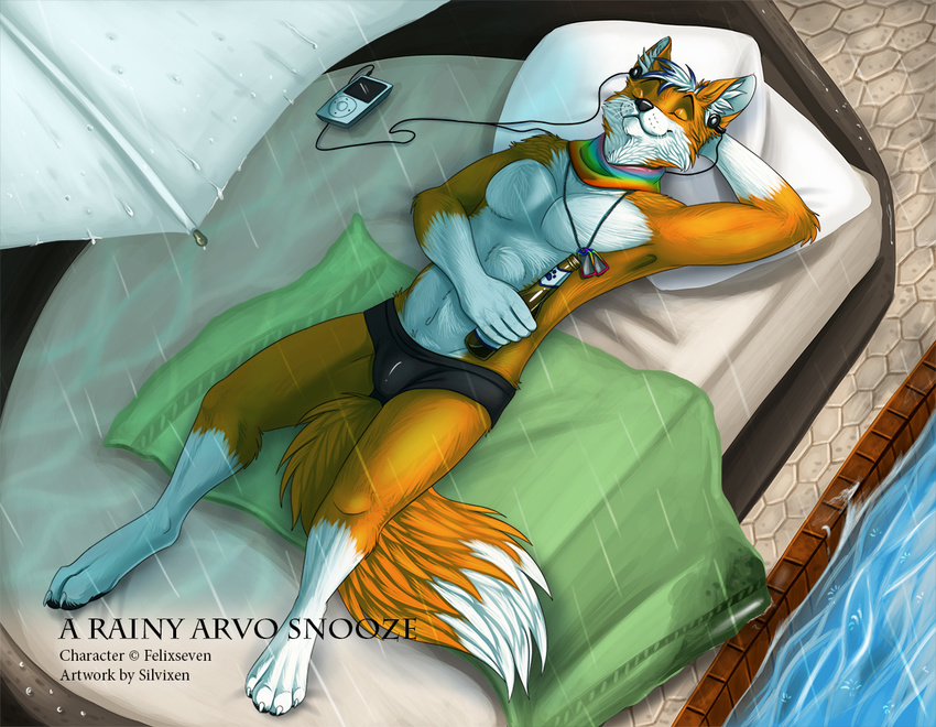 2014 alcohol beer beverage canine clothed clothing dog_tags eyes_closed fox headphones ipod lying mammal on_back outside pillow pool_(disambiguation) raining scarf silvixen skimpy smile topless towel umbrella