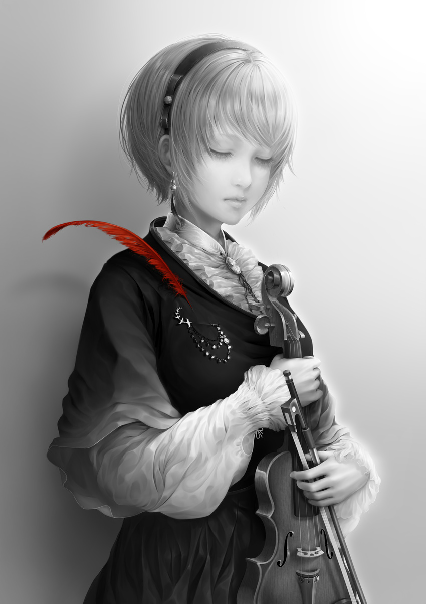 absurdres bouno_satoshi bow_(instrument) center_frills closed_eyes earrings hairband highres instrument jewelry long_sleeves original realistic short_hair solo spot_color violin