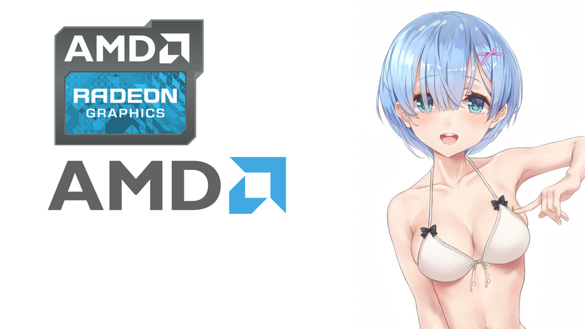 :d aimee_(emi) amd bad_id bad_pixiv_id bikini bikini_top black_bow blue_eyes blue_hair bow deep_skin eyelashes front-tie_bikini front-tie_top hair_ornament hair_over_one_eye hairclip halterneck highres looking_at_viewer open_mouth poking re:zero_kara_hajimeru_isekai_seikatsu rem_(re:zero) short_hair smile solo swimsuit upper_body white_background white_bikini white_bikini_top x_hair_ornament