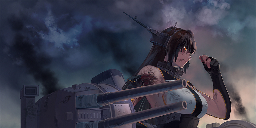 black_hair breasts bruise bruise_on_face burn_scar cannon clenched_hand clenched_teeth cloud commentary_request crop_top damaged dark_sky elbow_gloves fingerless_gloves gloves grimace hand_up headgear highres injury kantai_collection large_breasts long_hair nagato_(kantai_collection) red_eyes rigging scar shirt sketch sky sleeveless sleeveless_shirt smoke solo teeth yue_(tada_no_saboten)