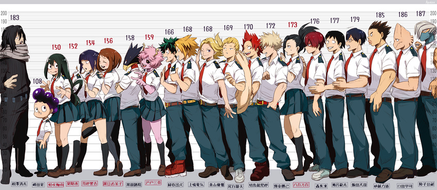 6+girls afro aizawa_shouta anezu animal_head aoyama_yuuga ashido_mina asui_tsuyu bakugou_katsuki black_hair black_sclera blonde_hair boku_no_hero_academia burn_scar everyone facial_hair glasses green_hair hagakure_tooru height_chart highres horns iida_tenya invisible jirou_kyouka kaminari_denki kirishima_eijirou kouda_kouji long_hair mask midoriya_izuku mineta_minoru multicolored_hair multiple_boys multiple_girls necktie ojiro_mashirao orange_hair pink_hair pink_skin purple_eyes purple_hair red_hair satou_rikidou scar scarf school_uniform sero_hanta short_hair shouji_mezou smile spiked_hair stubble tail teacher_and_student todoroki_shouto tokoyami_fumikage translated two-tone_hair u.a._school_uniform uraraka_ochako white_hair yaoyorozu_momo yellow_eyes