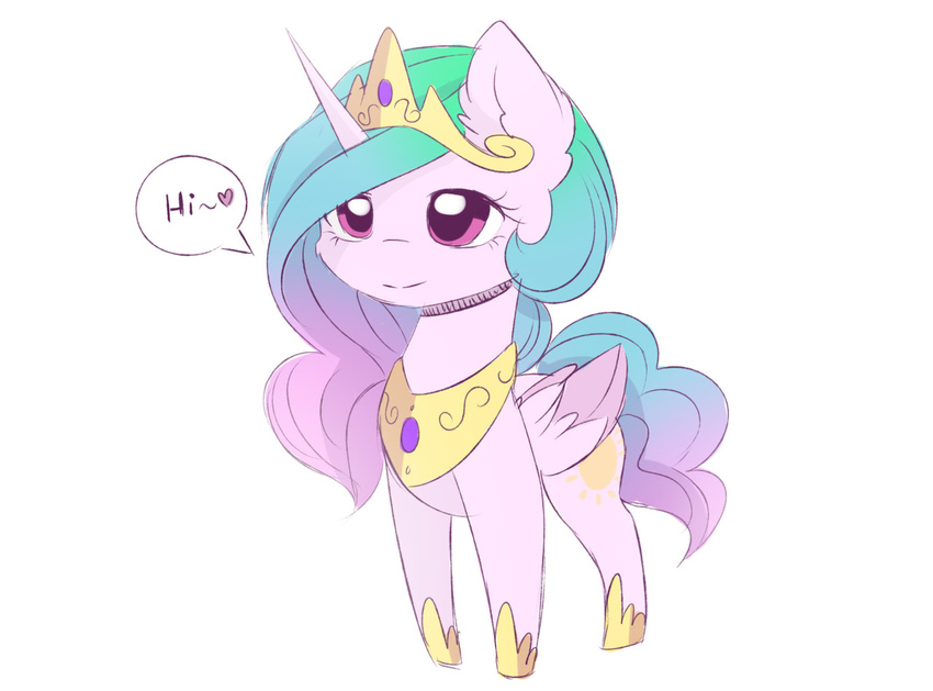 &lt;3 2016 chibi crown english_text equine feathered_wings feathers female feral friendship_is_magic fur hair horn jewelry lyra-senpai magnaluna mammal multicolored_hair my_little_pony necklace pink_feathers princess_celestia_(mlp) purple_eyes simple_background smile solo text white_background white_fur winged_unicorn wings