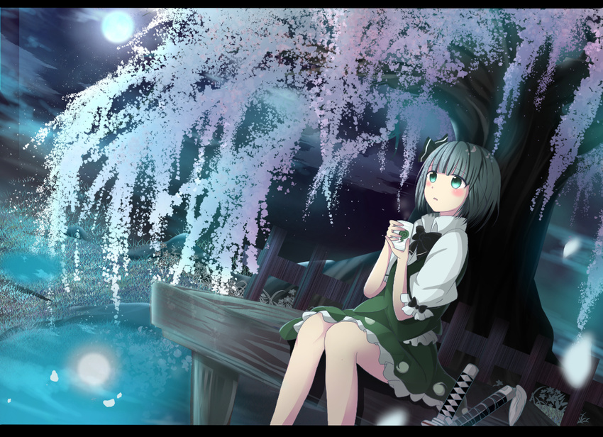 black_bow black_neckwear black_ribbon blush bow bowtie cherry_blossoms choko_(cup) commentary_request cup full_moon green_eyes green_skirt green_vest grey_hair hair_ribbon holding holding_cup katana konpaku_youmu letterboxed looking_afar looking_away moon night night_sky parted_lips puffy_sleeves reflecting_pool reflection ribbon saigyou_ayakashi sakuramochi_usa short_hair sitting skirt skirt_set sky solo sword touhou vest weapon