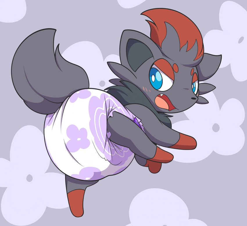 ambiguos_gender black_fur blue_eyes blush diaper feral flower fur kurikia nintendo open_mouth plant pok&eacute;mon simple_background solo standing teeth tongue video_games zorua