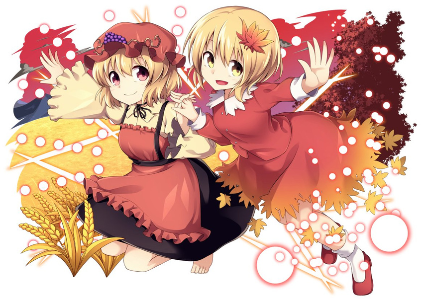 aki_minoriko aki_shizuha apron barefoot blonde_hair choker commentary_request danmaku food fruit full_body grapes hat holding_hands leaf leaf_on_head long_sleeves looking_at_viewer maple_leaf mob_cap multiple_girls nogisaka_kushio open_mouth outstretched_arm puffy_sleeves red_eyes ribbon_choker shirt shoes short_hair siblings sisters skirt skirt_set smile socks touhou white_legwear wide_sleeves yellow_eyes