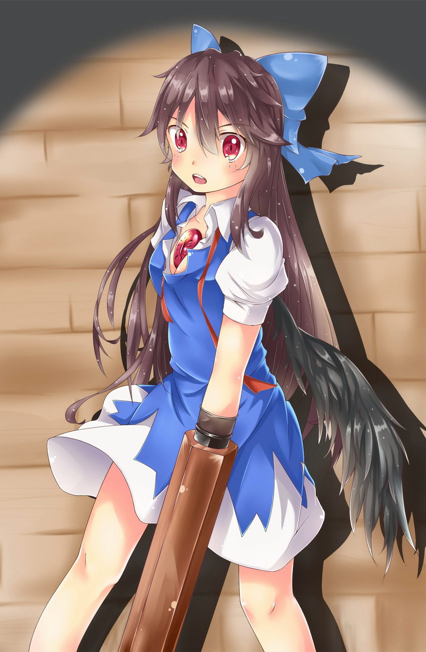 absurdres arm_cannon bird_wings black_hair blue_dress blush bow brick_wall cirno cirno_(cosplay) commentary_request cosplay dress error feng_ling_(fenglingwulukong) hair_bow highres long_hair looking_at_viewer open_mouth puffy_short_sleeves puffy_sleeves red_eyes reiuji_utsuho ribbon shadow short_sleeves solo spotlight third_eye touhou weapon wings