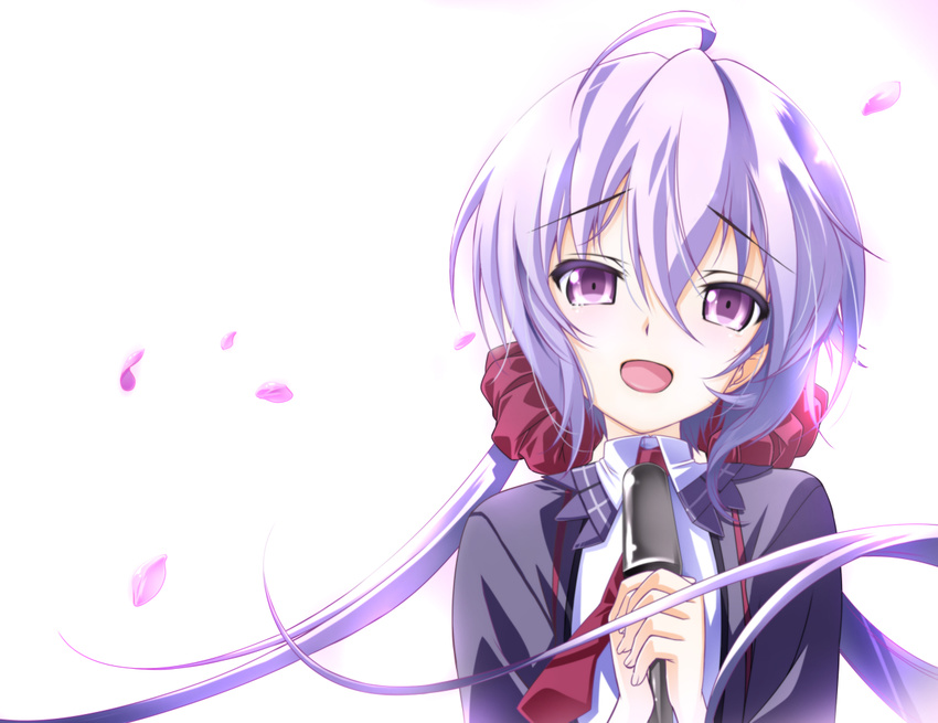 ahoge commentary commentary_request hair_ornament hair_scrunchie hands_together long_hair looking_at_viewer low_twintails microphone music open_mouth petals purple_eyes purple_hair scrunchie senki_zesshou_symphogear senomoto_hisashi singing smile solo tears twintails white_background yukine_chris