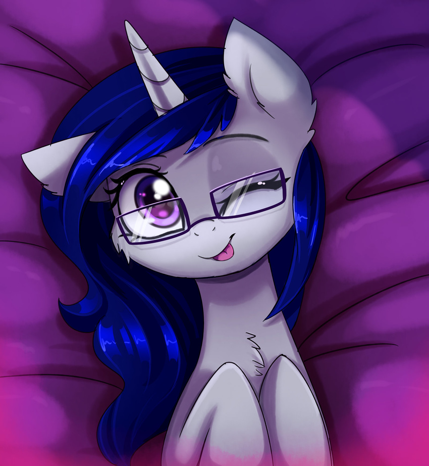 blue_hair equine eyelashes eyewear fan_character female feral fur glasses grey_fur hair hooves horn loking_at_viewer lying magnaluna mammal my_little_pony one_eye_closed purple_eyes solo tongue unicorn wink