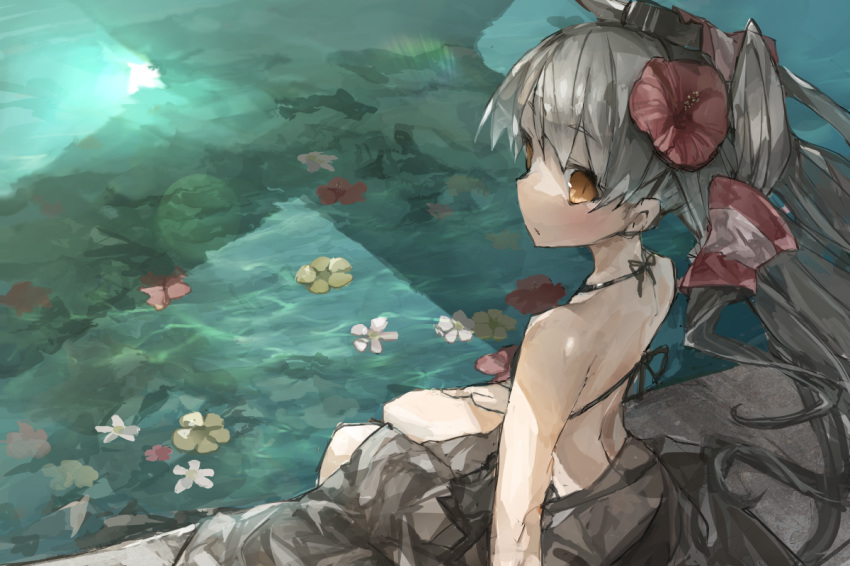 1girl :o amatsukaze_(kantai_collection) back bangs bikini blush brown_eyes eyebrows_visible_through_hair flower from_behind hair_flower hair_ornament hair_tubes hat kantai_collection long_hair looking_at_viewer looking_back mini_hat open_mouth ph. see-through shadow silver_hair sitting skirt solo swimsuit twintails two_side_up water