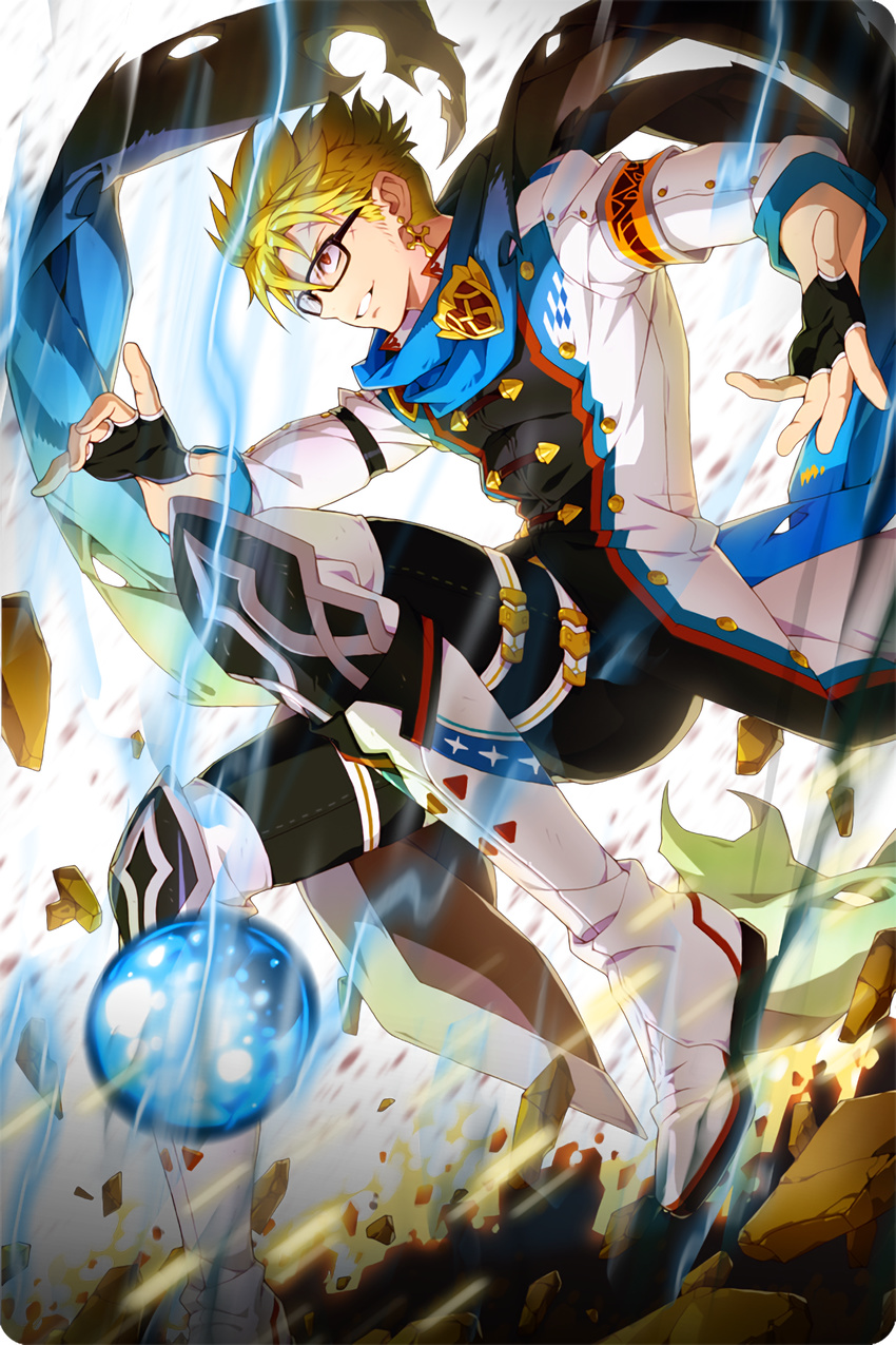 ball black_gloves blonde_hair comiccho cross cross_earrings earrings fingerless_gloves glasses gloves highres jewelry looking_to_the_side male_focus official_art parted_lips red_eyes scarf shoes skorn soccer_ball soccer_spirits solo white_footwear white_legwear