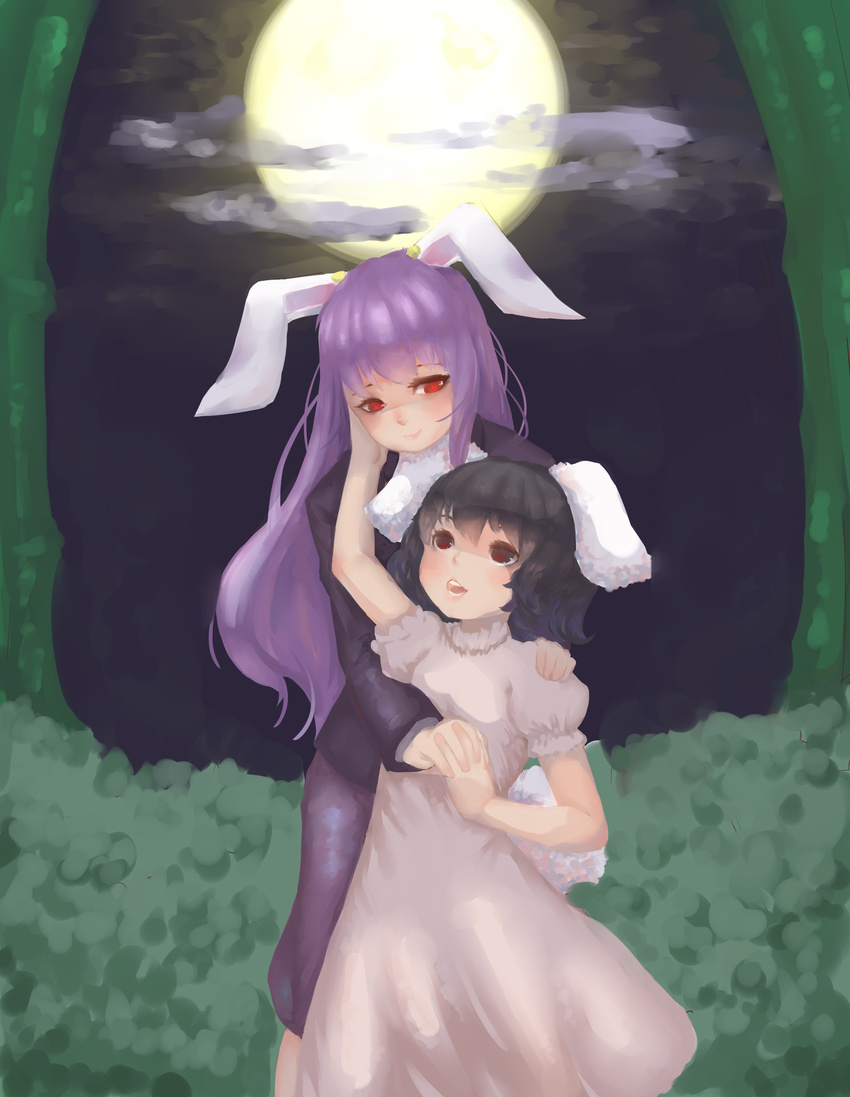 absurdres animal_ears arm_up behind_another black_hair blazer bunny_ears bunny_tail bush cloud dress faux_traditional_media full_moon hand_on_another's_cheek hand_on_another's_face hand_on_another's_shoulder high_collar highres holding_hands inaba_tewi interlocked_fingers jacket long_hair long_sleeves looking_at_another looking_down looking_up moon multiple_girls night open_mouth outdoors pink_dress puffy_short_sleeves puffy_sleeves purple_hair purple_skirt red_eyes reisen_udongein_inaba short_hair short_sleeves skirt smile standing tail tan_liao touhou tree yuri
