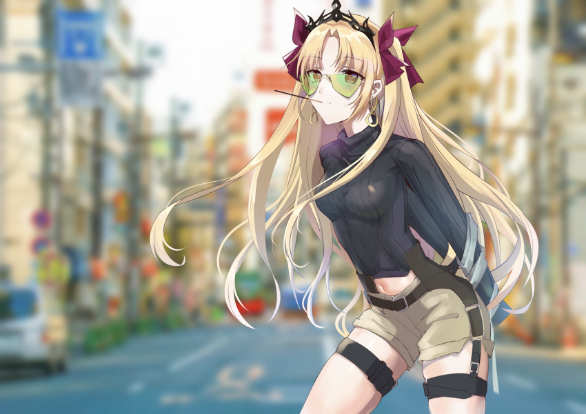 1girl absurdres alternate_costume black_shirt blonde_hair blurry blurry_background car changpan_hutao cityscape commentary_request earrings ereshkigal_(fate) fate/grand_order fate_(series) highres hoop_earrings infinity_symbol jewelry long_hair long_sleeves midriff motor_vehicle navel outdoors parted_bangs red_eyes shirt shorts solo sunglasses thigh_strap tiara two_side_up