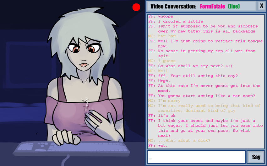 amber_eyes breasts chat chat_window drooling expansion female hair invalid_background keybord lemonfont lighting long_hair pink_shirt pink_text saliva sitting t&eacute;st webcam white_hair