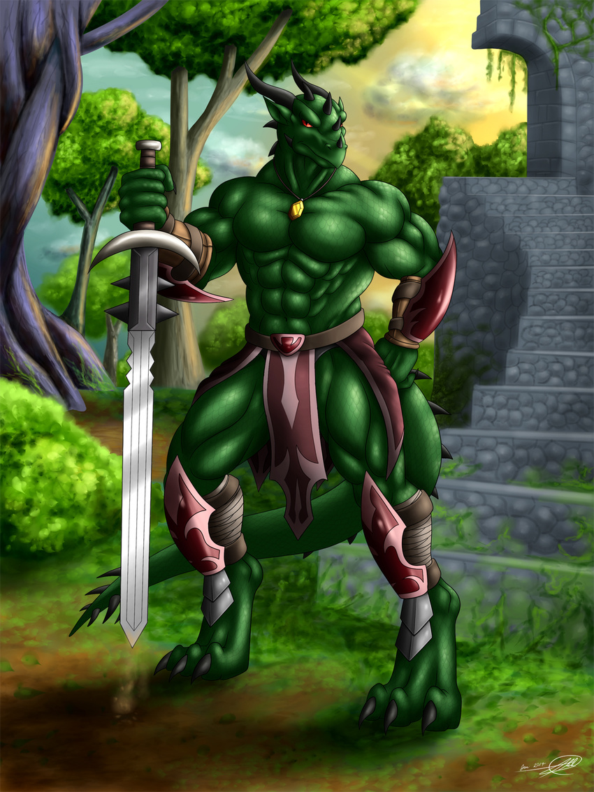 abs green_scales melee_weapon muscular red_sclera scales sword symbolhero varanis_blackclaw weapon