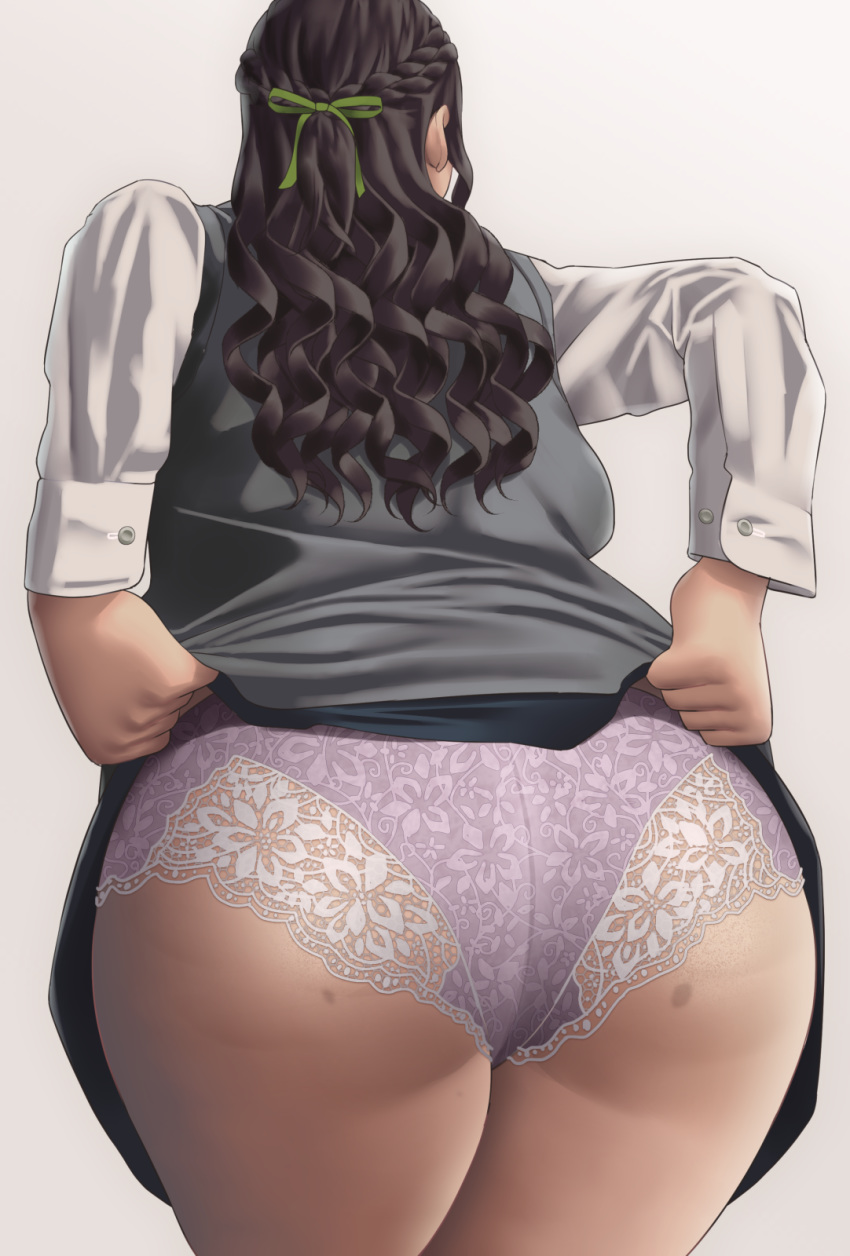 1girl ass brown_hair commentary_request from_behind green_ribbon hair_ribbon highres lace lace_panties long_hair mole_on_ass original panties panties_under_pantyhose pantyhose pink_background purple_panties ribbon ryokucha_michi simple_background skirt skirt_lift solo thick_thighs thighs underwear