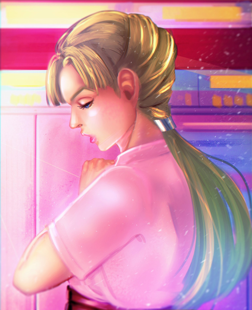 ajikomaru blonde_hair blue_eyes from_side hair_tubes highres jojo_no_kimyou_na_bouken lipstick makeup pink_lipstick ponytail profile solo tsuji_aya upper_body