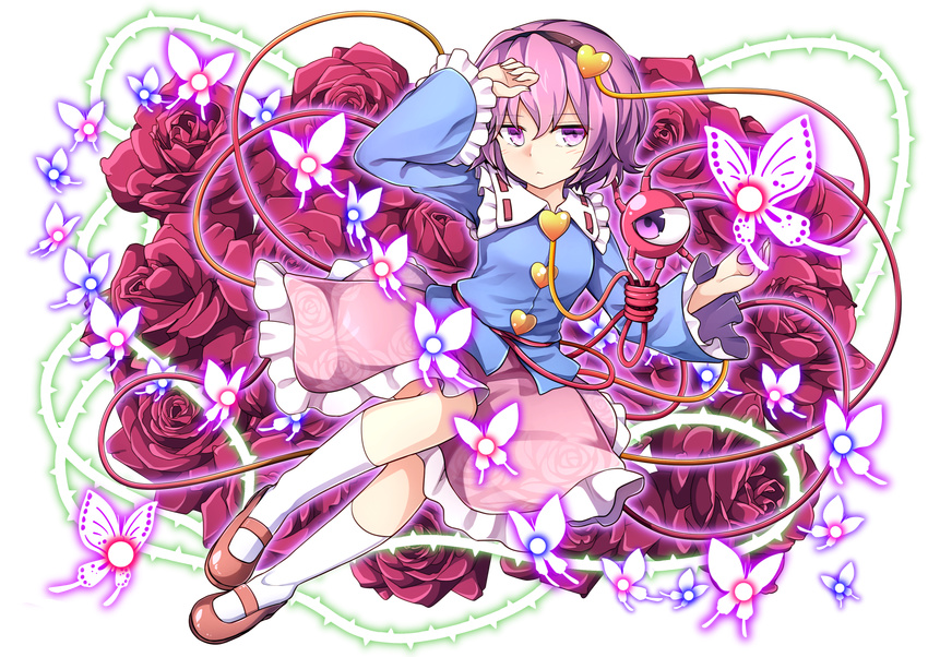 bug butterfly commentary_request danmaku eyeball floral_background floral_print flower full_body hairband hand_on_forehead heart highres insect kneehighs komeiji_satori long_sleeves looking_at_viewer mary_janes nogisaka_kushio pink_eyes pink_hair rose shirt shoes short_hair skirt solo string third_eye thorns touhou transparent_background white_legwear wide_sleeves