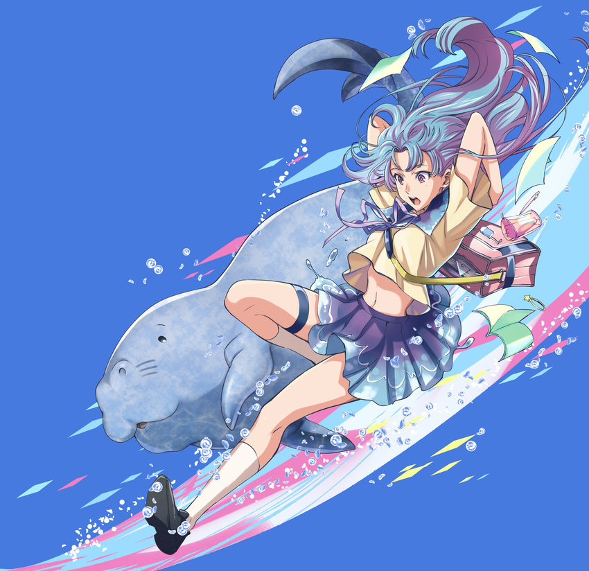 abstract_background absurdres arms_behind_head bag blue_background blue_hair blue_skirt bookbag bracelet breasts falling highres jewelry knee_up kneehighs loafers manatee medium_breasts midriff navel notebook open_mouth original pencil_case pleated_skirt purple_eyes ribbon school_uniform shimo_(s_kaminaka) shirt shirt_lift shoes short_sleeves skirt surprised thigh_strap water water_drop white_legwear white_shirt