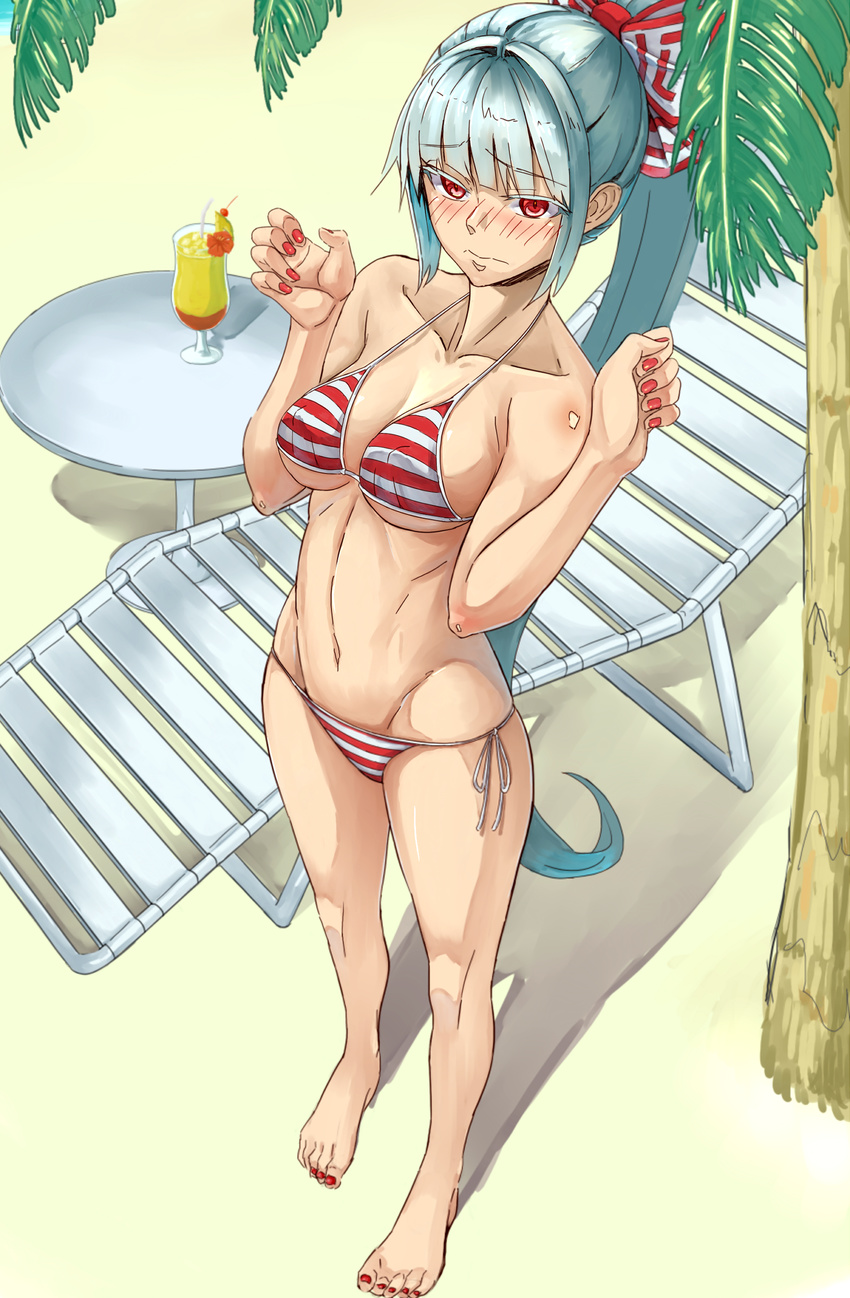 barefoot beach bikini blush bow breasts chair collarbone covered_nipples embarrassed fujiwara_no_mokou groin hair_bow highres long_hair lounge_chair lowleg lowleg_bikini medium_breasts nail_polish navel palm_tree ponytail red_eyes red_nails silver_hair solo striped striped_bikini swimsuit touhou tree tropical_drink very_long_hair yostel
