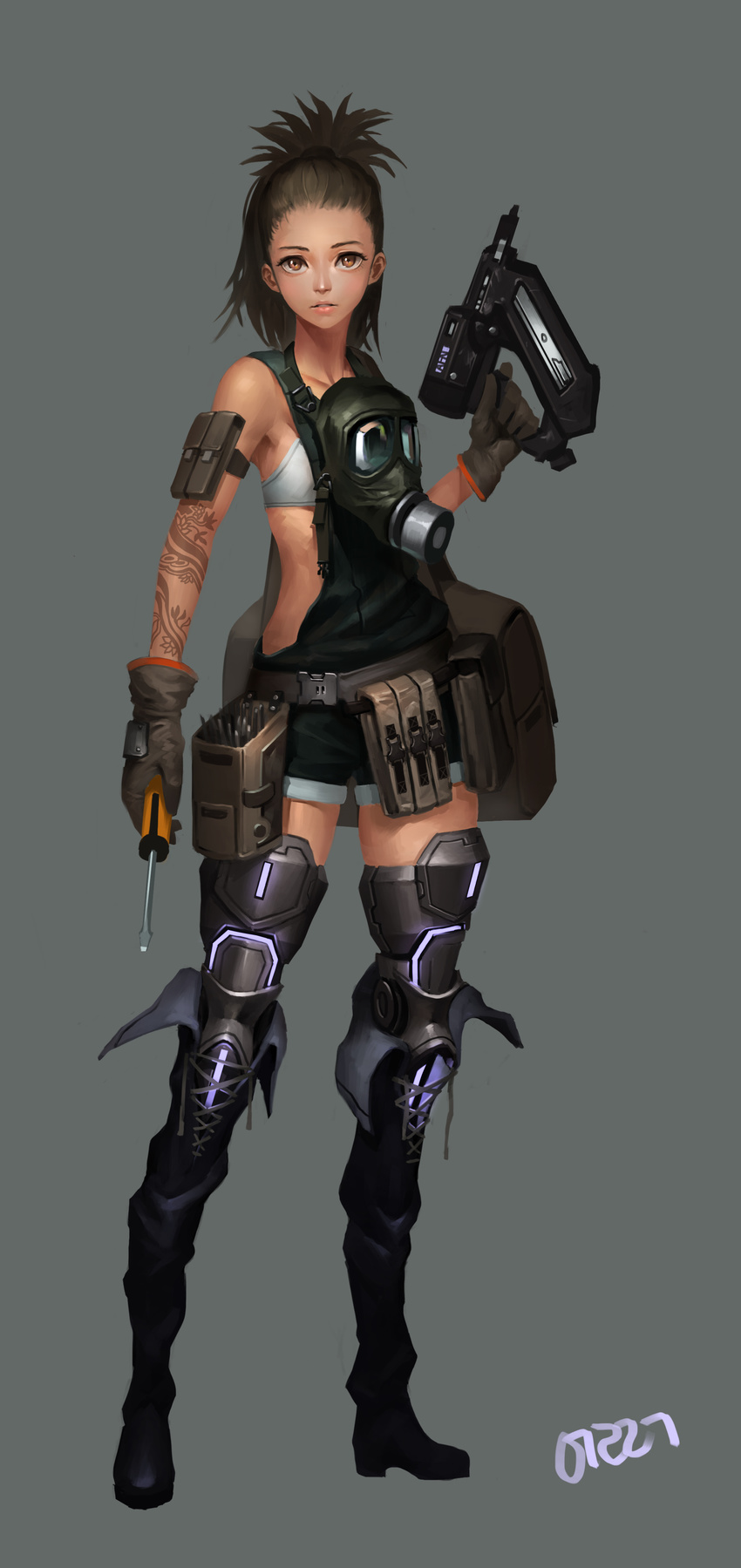 absurdres bag bandeau black_footwear boots brown_eyes brown_gloves brown_hair collarbone dated full_body gas_mask gloves grey_background highres holding jayjiwoo_park knee_boots nailgun number original overalls parted_lips realistic screwdriver simple_background solo tattoo tool_belt