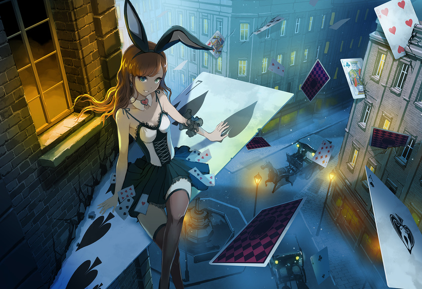 animal_ears bangs black_legwear black_skirt bodice brick_wall brooch brown_hair building bunny_ears card carriage city commentary_request cracked_wall cross-laced_clothes crossed_legs destruction detached_collar dress earrings fake_animal_ears foot_dangle fountain frilled_skirt frills from_above green_eyes hairband heart highres horse jewelry lace_trim lamppost long_hair looking_at_viewer miniskirt night original outdoors oversized_object parted_lips playing_card road scrunchie sitting sitting_on_object skirt sleeveless smile solo spade_earrings spaghetti_strap street swept_bangs thighhighs ume_(illegal_bible) wavy_hair window wrist_scrunchie zettai_ryouiki
