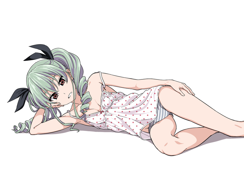 anchovy bangs bare_legs bare_shoulders blush breasts brown_eyes chemise cleavage drill_hair girls_und_panzer green_hair hair_ribbon hand_on_own_cheek hand_on_own_thigh hiroyuki long_hair looking_at_viewer lying off_shoulder on_side panties polka_dot ribbon small_breasts solo strap_slip striped striped_panties twin_drills twintails underwear