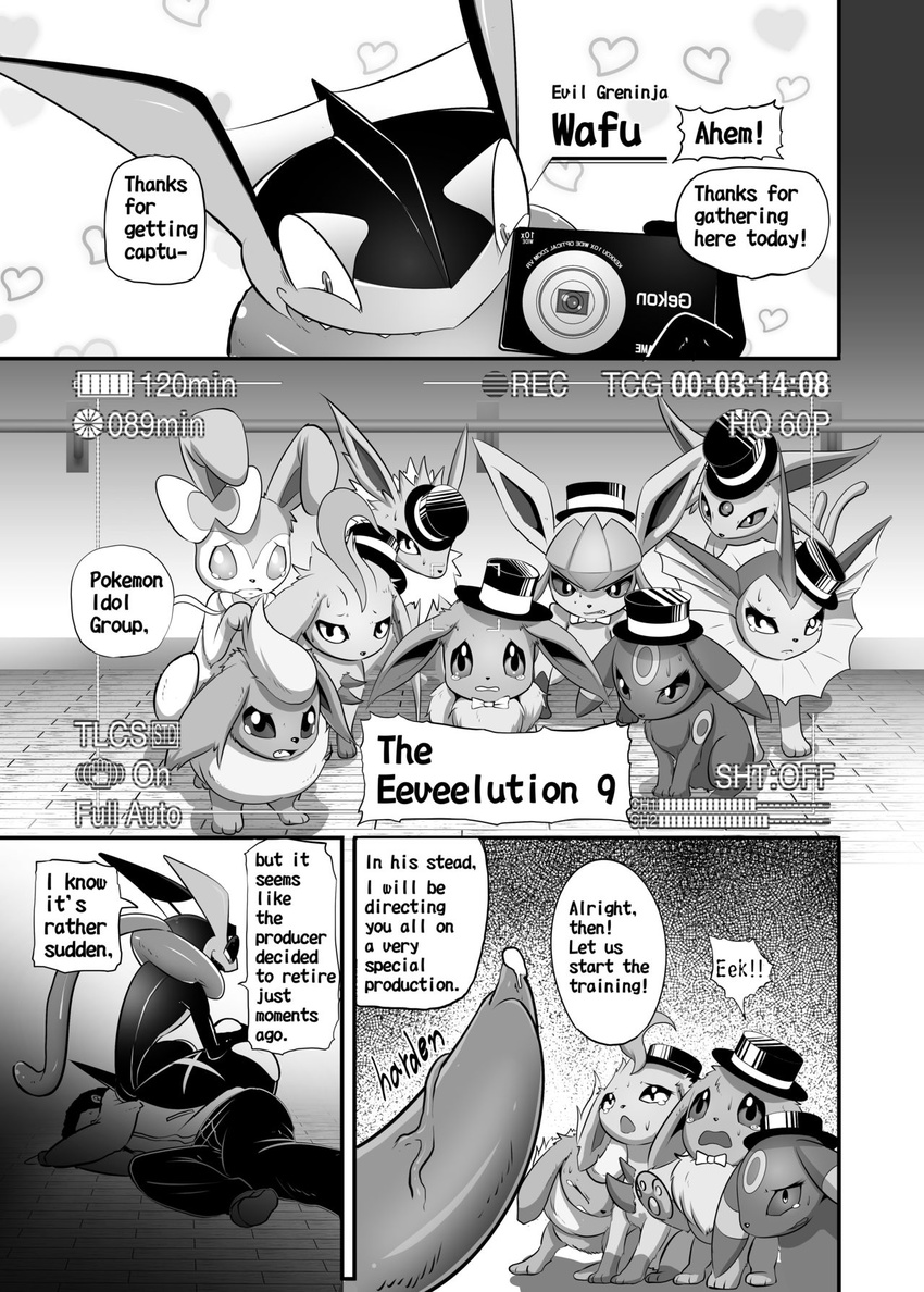 &lt;3 black_and_white bow_tie camera comic crying eevee eeveelution espeon evil_grin flareon glaceon greninja hat human imminent_rape jolteon kicktyan leafeon mammal monochrome nintendo penis pok&eacute;mon scared smile sylveon tears top_hat umbreon vaporeon video_games wafu