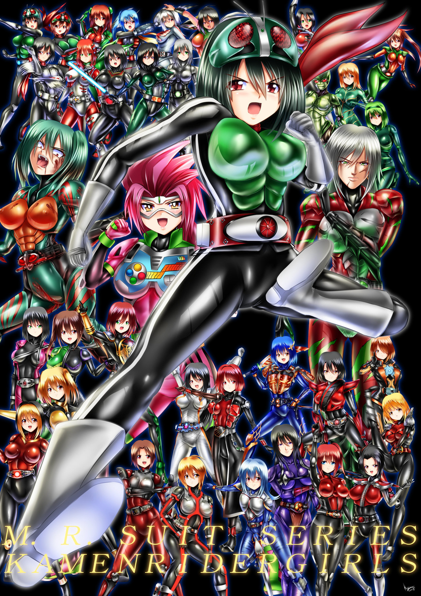 absurdres bodysuit breasts cosplay formal genderswap genderswap_(mtf) highres huge_breasts kamen_rider kamen_rider_1 kamen_rider_2 kamen_rider_555 kamen_rider_agito kamen_rider_agito_(series) kamen_rider_amazon kamen_rider_amazon_(series) kamen_rider_amazon_alpha kamen_rider_amazon_omega kamen_rider_amazons kamen_rider_black kamen_rider_black_(series) kamen_rider_black_rx kamen_rider_black_rx_(series) kamen_rider_blade kamen_rider_blade_(series) kamen_rider_dcd kamen_rider_decade kamen_rider_den-o kamen_rider_den-o_(series) kamen_rider_double kamen_rider_drive kamen_rider_drive_(series) kamen_rider_ex-aid kamen_rider_ex-aid_(series) kamen_rider_faiz kamen_rider_fourze kamen_rider_fourze_(series) kamen_rider_gaim kamen_rider_gaim_(series) kamen_rider_ghost kamen_rider_ghost_(series) kamen_rider_hibiki kamen_rider_hibiki_(series) kamen_rider_j kamen_rider_j_(movie) kamen_rider_kabuto kamen_rider_kabuto_(series) kamen_rider_kiva kamen_rider_kiva_(series) kamen_rider_kuuga kamen_rider_kuuga_(series) kamen_rider_ooo kamen_rider_ooo_(series) kamen_rider_ryuki kamen_rider_ryuki_(series) kamen_rider_shin kamen_rider_stronger kamen_rider_stronger_(series) kamen_rider_super-1 kamen_rider_super-1_(series) kamen_rider_v3 kamen_rider_v3_(series) kamen_rider_w kamen_rider_wizard kamen_rider_wizard_(series) kamen_rider_x kamen_rider_x_(series) kamen_rider_zo kamen_rider_zx kogawawaki long_hair multiple_girls open_mouth plugsuit pose rider_belt riderman shadow_moon shin_kamen_rider_prologue short_hair skyrider suit