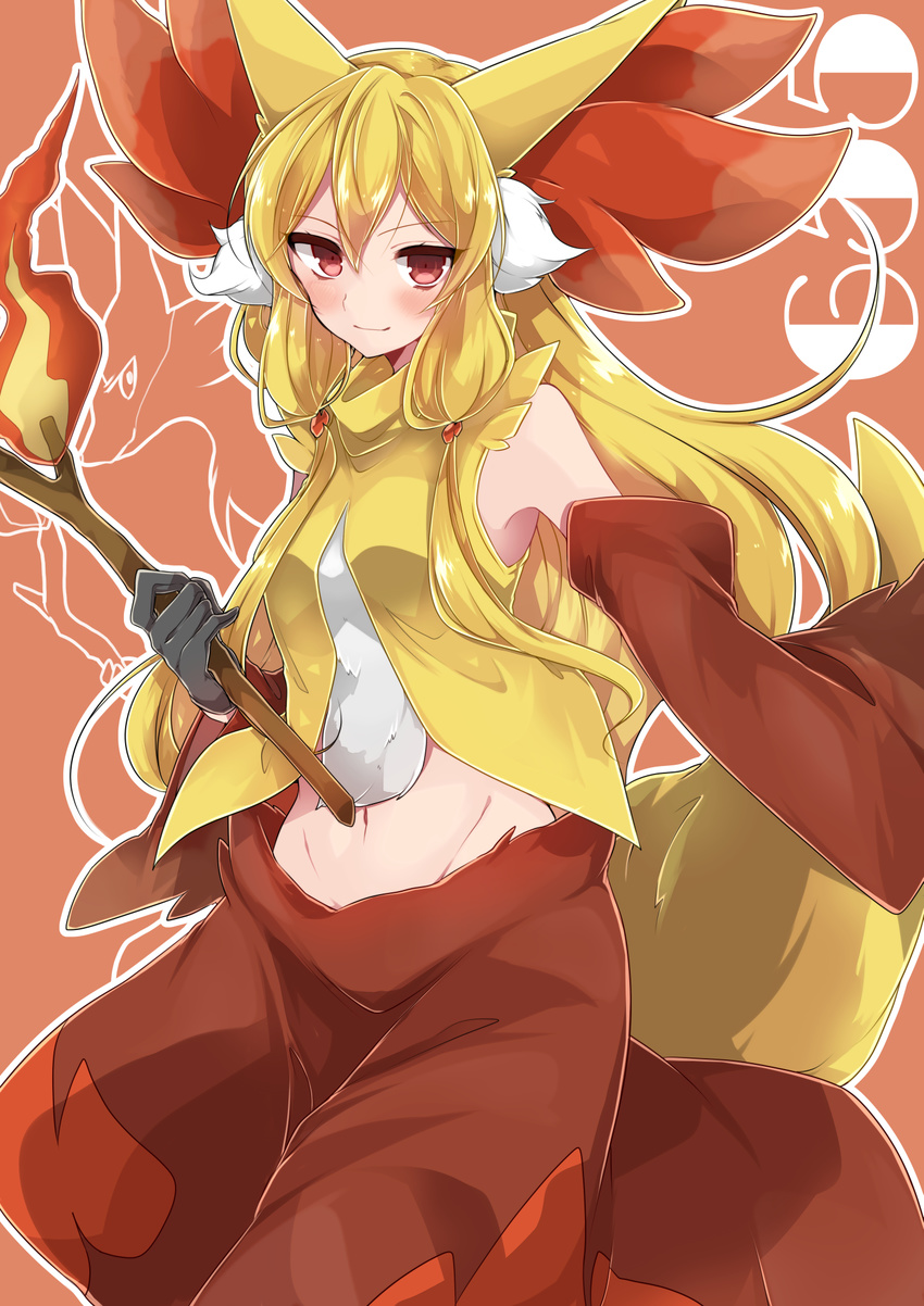 animal_humanoid canine delphox female fire fox fox_humanoid humanoid humanoidized mammal nintendo pok&eacute;mon solo stick takeshima_(nia) video_games