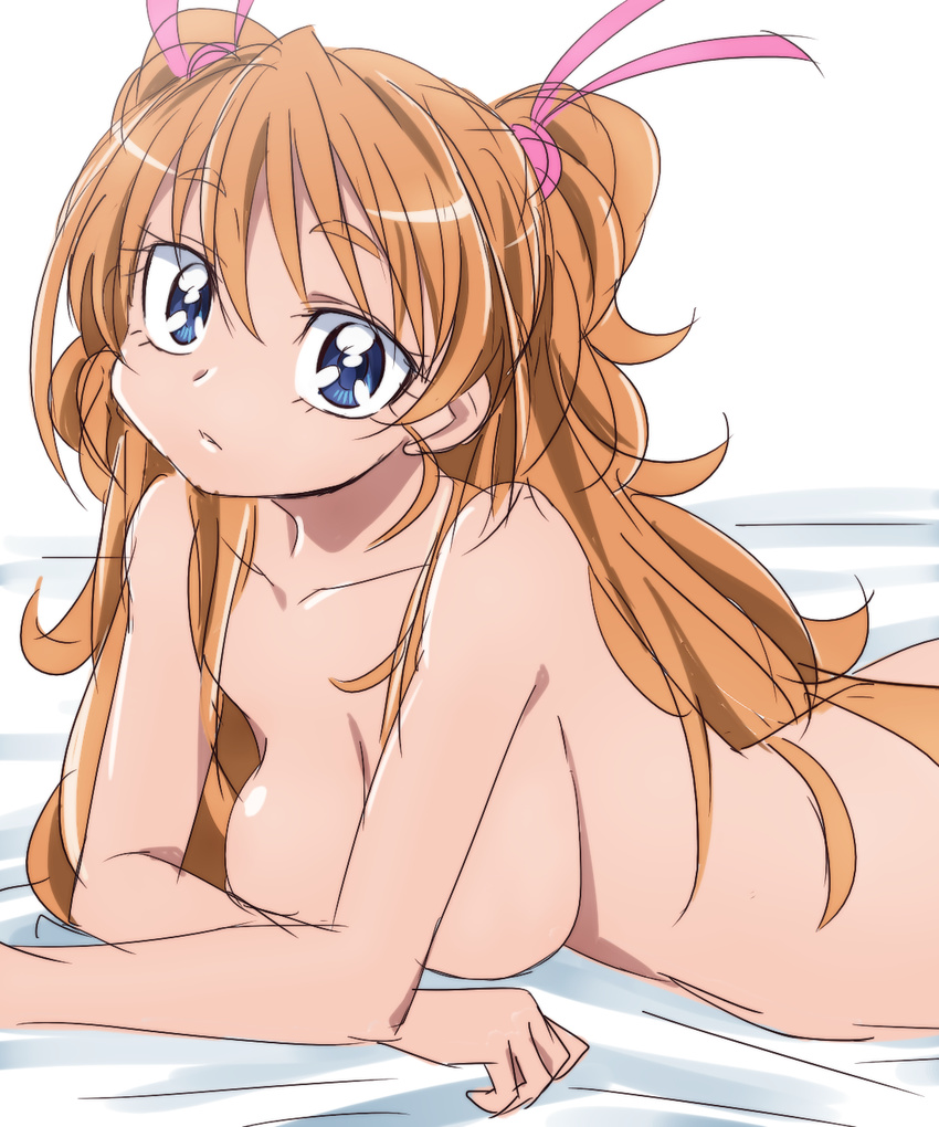 blue_eyes breasts highres houjou_hibiki large_breasts long_hair looking_at_viewer lying manji_(tenketsu) nude on_stomach orange_hair precure sketch solo suite_precure two_side_up