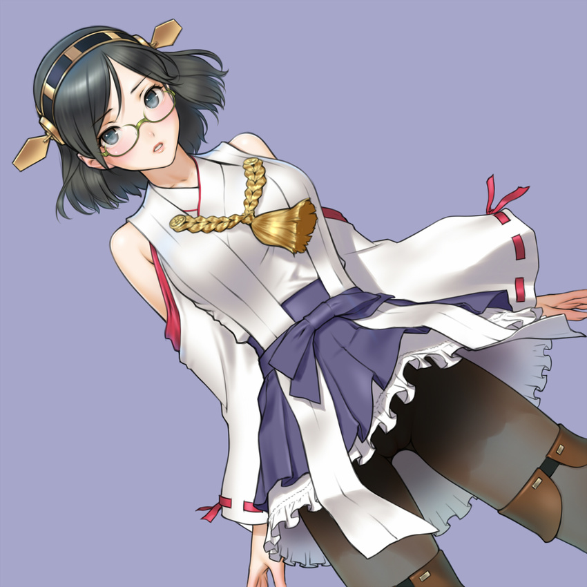 bare_shoulders black_hair black_legwear blue_eyes blush boots commentary_request cowboy_shot detached_sleeves glasses hairband hakama_skirt headgear highres japanese_clothes kantai_collection kirishima_(kantai_collection) no_panties nontraditional_miko pantyhose parted_lips pussy ribbon-trimmed_sleeves ribbon_trim sano_toshihide see-through semi-rimless_eyewear short_hair skirt solo thigh_boots thighhighs under-rim_eyewear