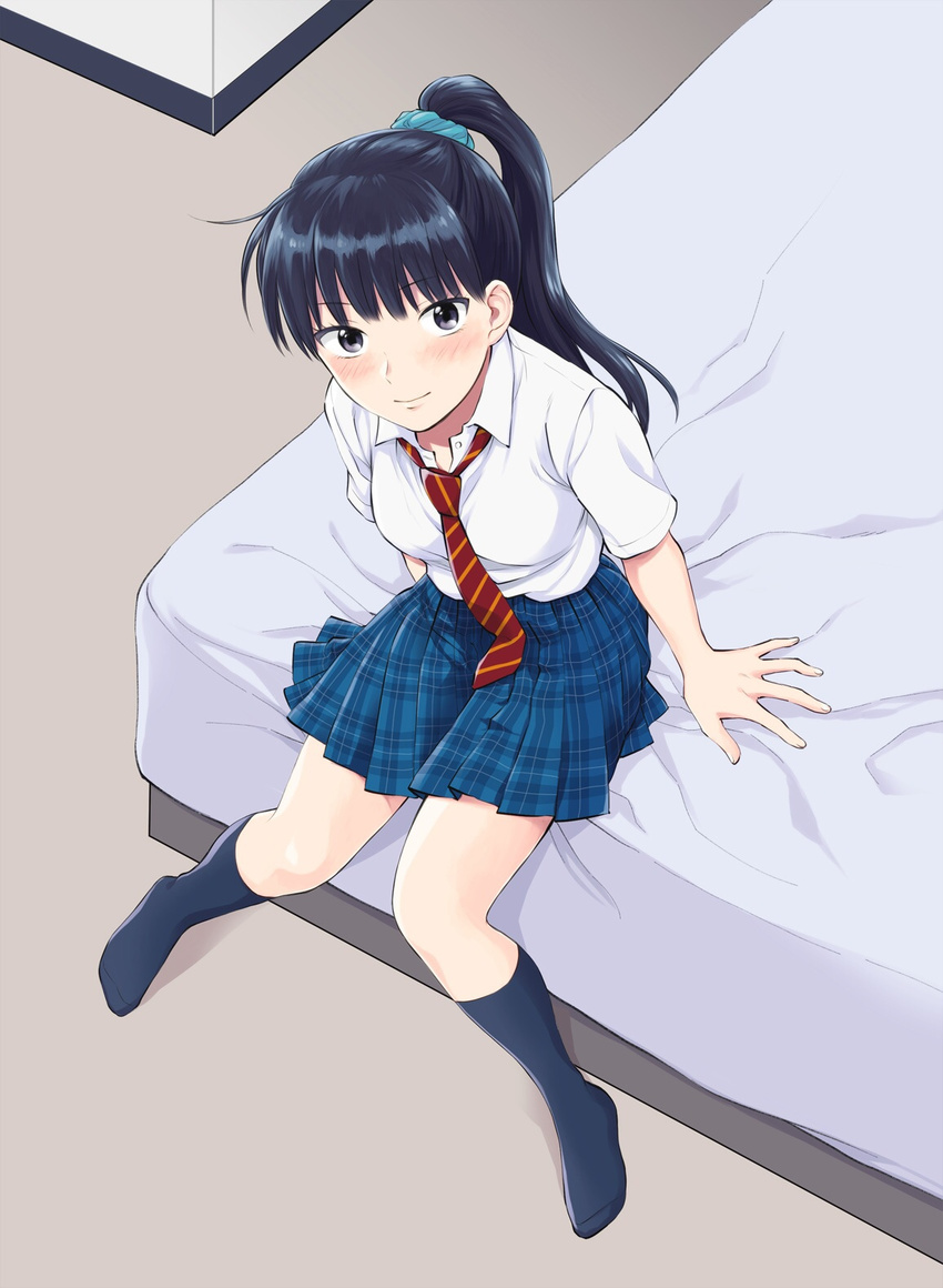 arm_support be_blues! bed bedside black_hair blush coeda dress_shirt etou_aiko highres kneehighs long_hair looking_at_viewer navy_blue_legwear necktie no_shoes ponytail school_uniform shirt sitting solo