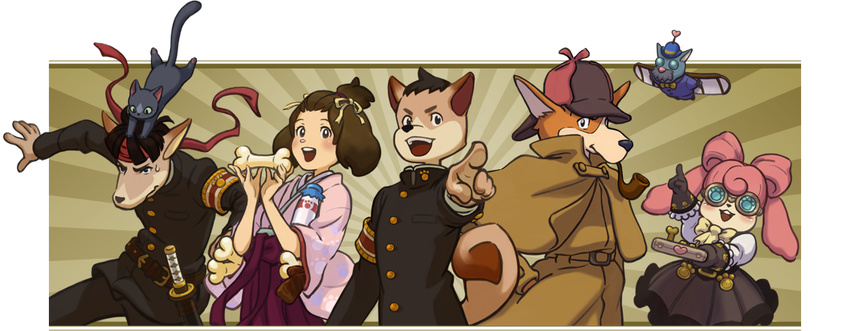 ace_attorney_(series) anthro black_hair bone canine cat clothing controller corgi dai_gyakuten_saiban dog dress feline hair hat headband iris_watson japanese_clothing katana mammal melee_weapon official_art pink_hair pipe remote_control ryūnosuke_naruhodō sherlock_holmes susato_mikotoba sword unknown_artist weapon