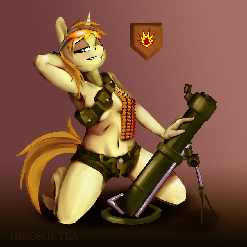 ammo_belt anthro armpits bedroom_eyes better_version_at_source biting_lip breasts camo clothed clothing equine eyewear fan_character friendship_is_magic green_eyes hair half-closed_eyes hand_behind_head high_impact_(character) hiroshi-tea horn kneeling looking_at_viewer mammal mortar my_little_pony one_eye_closed pouches ranged_weapon seductive simple_background skimpy solo sunglasses unicorn weapon wink