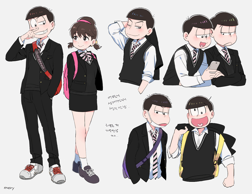 6+boys :&lt; :o ;3 alternate_costume arm_up artist_name backpack bad_id bad_pixiv_id bag bangs black_eyes black_footwear black_hair black_jacket black_pants black_skirt black_sweater blazer blazer_removed blush bow bowl_cut bowtie breasts brothers brown_eyes brown_hair cellphone character_name clenched_hand closed_mouth collared_shirt copyright_name cropped_torso cross-laced_footwear dress_shirt grey_background grin hairband hand_in_pocket heart heart_in_mouth hetero holding holding_jacket holding_phone jacket jacket_removed korean long_sleeves looking_at_another looking_at_viewer looking_to_the_side matsuno_choromatsu matsuno_ichimatsu matsuno_juushimatsu matsuno_karamatsu matsuno_osomatsu matsuno_todomatsu mery_(apfl0515) miniskirt multiple_boys necktie open_blazer open_clothes open_jacket osomatsu-kun osomatsu-san pants pencil_skirt phone school_uniform sextuplets shirt shoes short_twintails siblings simple_background skirt sleeves_rolled_up small_breasts smartphone smile sneakers socks standing striped striped_bow striped_neckwear surgical_mask sweater sweater_vest twintails uneven_eyes white_legwear white_shirt wiping_nose yowai_totoko