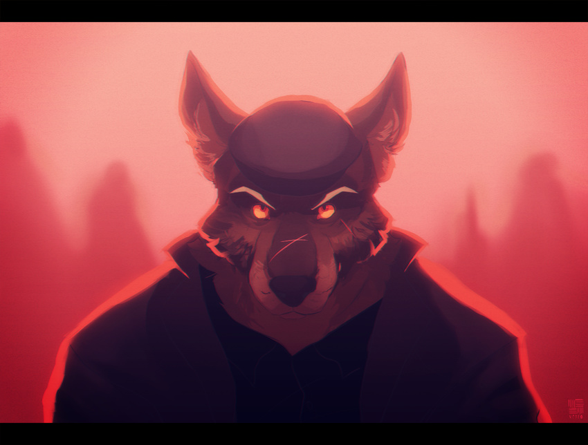 2015 anthro black_nose bust_portrait canine clothed clothing digital_media_(artwork) facial_scar front_view fur jacket letterbox looking_at_viewer male mammal portrait red_eyes restricted_palette scar serious signature solo stare vetrowolf wolf