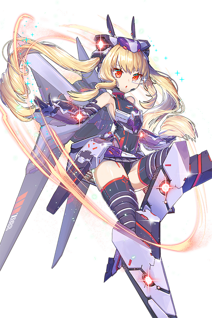 aqua_sclera blonde_hair covered_navel cyborg hair_ornament highres long_hair looking_at_viewer mechanical_arm mechanical_wings official_art open_mouth red_eyes soccer_spirits solo transparent_background wings z088_beta