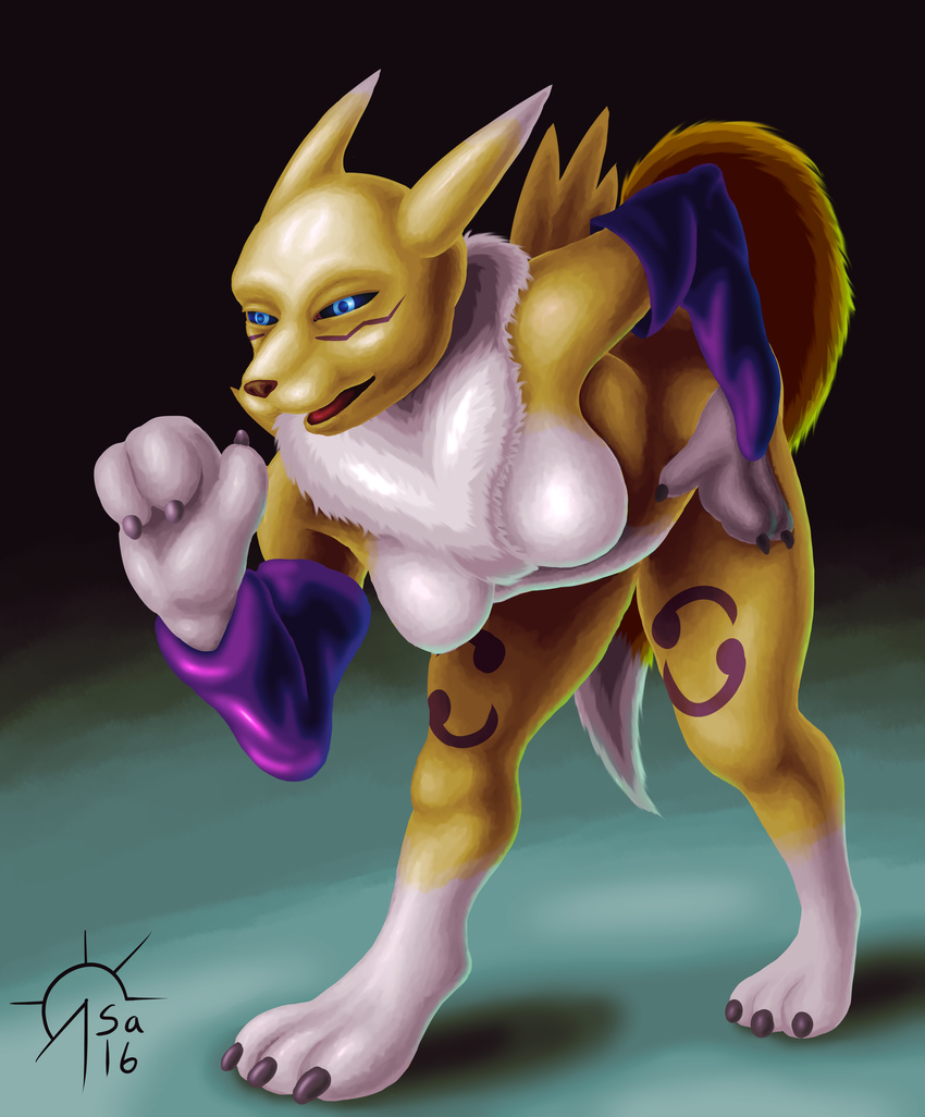 absurd_res armpits bent_over black_sclera breasts canine chest_tuft claws digimon digitigrade female fox gradient_background hi_res mammal no_teeth open_mouth renamon sacrificabominat signature simple_background sleeves tongue tuft