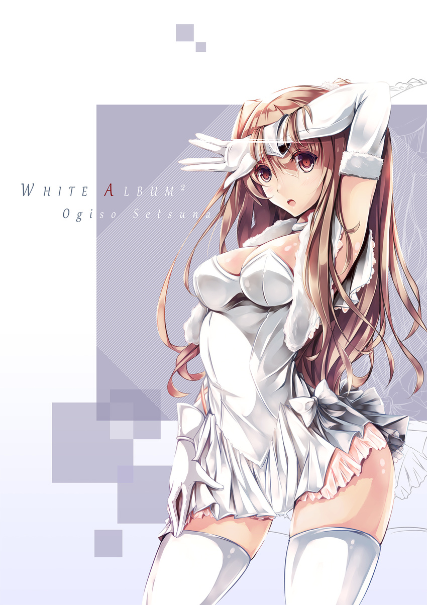 breasts cleavage dress gloves highres long_hair medium_breasts ogiso_setsuna oyeung sleeveless sleeveless_dress solo thighhighs thighs white_album_2 white_dress white_gloves