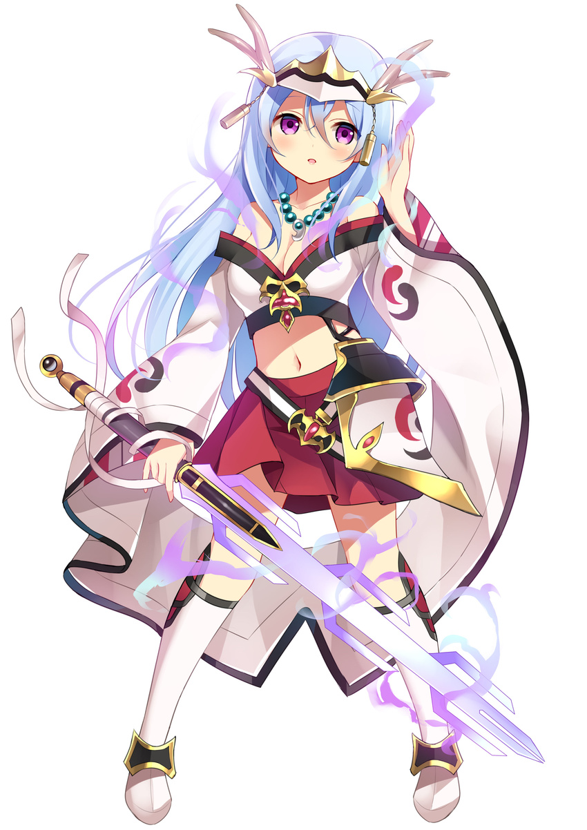 absurdres artist_request boots breasts cleavage full_body highres holding holding_weapon large_breasts last_summoner light_blue_hair long_hair long_sleeves midriff miyabi_(last_summoner) navel necktie pink_eyes seven-branched_sword simple_background skirt solo sword thigh_boots thighhighs weapon white_background