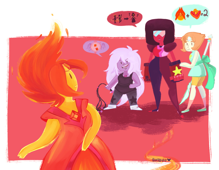 2015 adventure_time alien amethyst_(steven_universe) cartoon_network crossover elemental female fire_elemental flame_princess garnet_(steven_universe) gem_(species) humanoid natouu pearl_(steven_universe) steven_universe